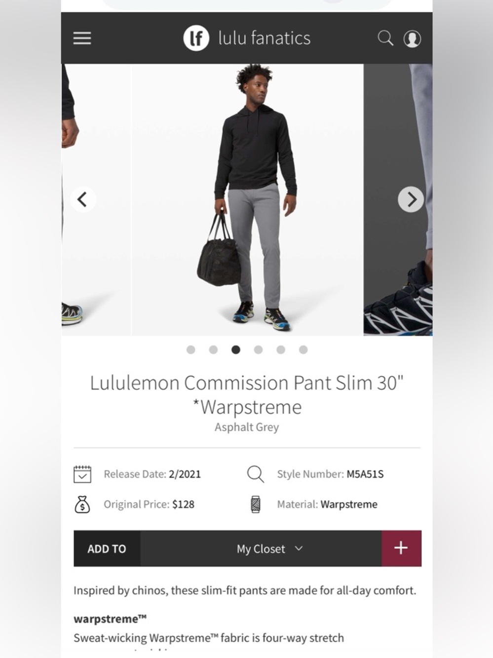 lululemon athletica Men's Slate Gray Stretch Pants